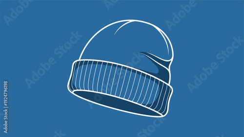 Simple vector illustration of a dark blue knitted beanie hat centered on a solid blue background for winter fashion and clothing themes.