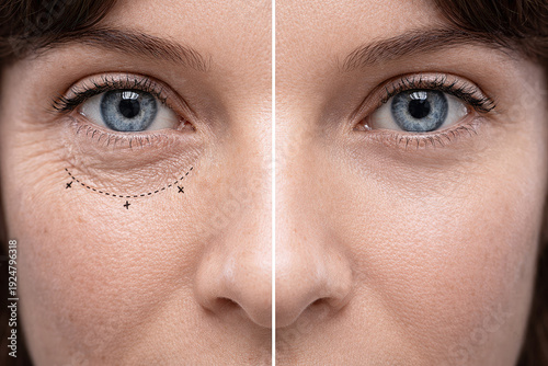 Female face before and after blepharoplasty, cosmetic eyelid surgery result showing lifted eyelids, rejuvenation, beauty transformation.