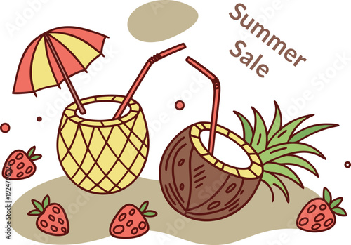 Summer sale vector illustration with pineapple and coconut tropical drinks on sandy beach