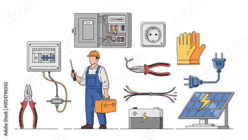 Professional electrician in work uniform standing with various electrical tools panel board solar panel and battery for power services.