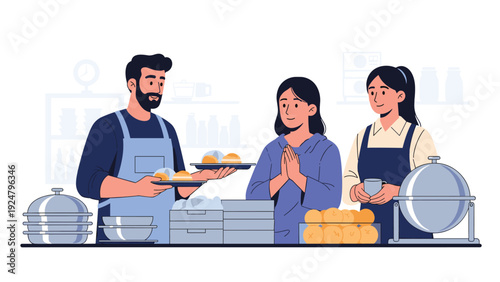 Group of people serving food in a canteen or community kitchen setting with fresh fruit and warm meals during a charity event or workday.