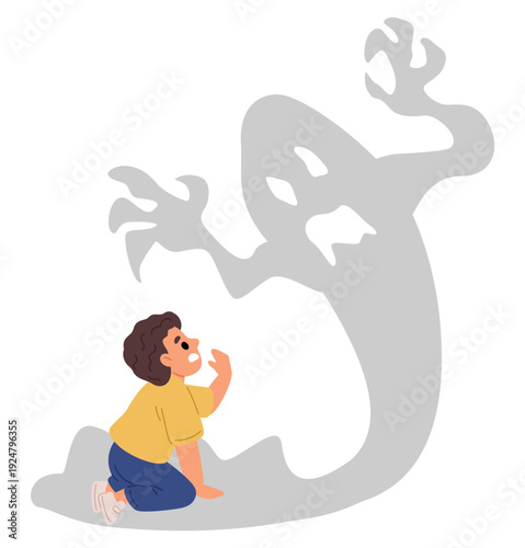 Childrens psychological fears and phobias. Small child is afraid of monster. Fearful boogeyman. Spooky beast shadow. Anxiety imagination. Phantom illusion. Panicked kid. Vector concept