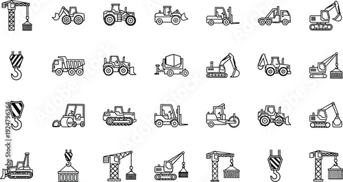 Construction equipment line icons set crane excavator forklift bulldozer dump truck vector illustration isolated on white background