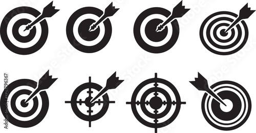 Set of black and white target icons with arrows