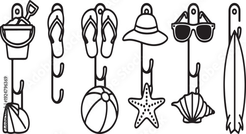 Assorted beach items including sandcastle and surfboard Vector