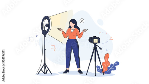 Content creator woman recording a video blog using a professional camera on a tripod and a ring light for perfect social media lighting.