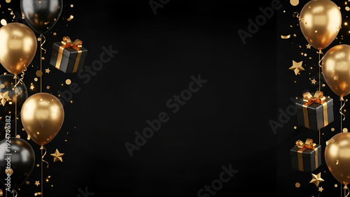 Black and Gold Birthday Celebration with Balloons and Gifts