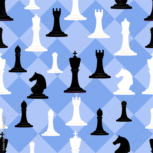 Chess pieces seamless pattern. Chessman competition. Black or white play figures. Grandmaster checkmate. Pawns and knights. Game challenge. King and queen against chessboard background