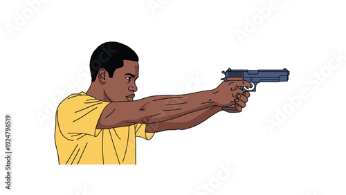 Focused man in a yellow t-shirt aiming a black semi-automatic handgun with both hands in a training or defense posture.