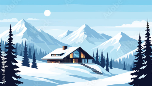 Beautiful modern wooden cabin nestled in a snowy mountain landscape with pine trees under a clear winter sky and bright moon.