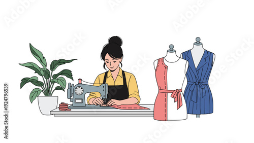 Skilled female tailor working on a sewing machine in her studio with fashion mannequins and a potted plant in a creative atmosphere.