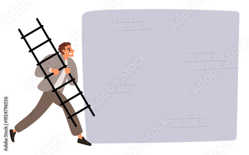 Businessman carries ladder to climb over wall. Solving problem. Overcoming difficulties. Business obstacles. Challenge decision. Efficient thinking. Man holding stairs. Vector concept