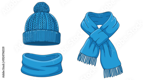 Warm blue knitted winter hat with a pom-pom and matching scarf and neck warmer for protection during cold snowy weather.