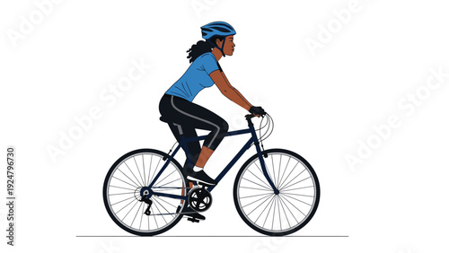 Active african american woman wearing a helmet while riding a road bicycle for fitness and healthy outdoor transportation.
