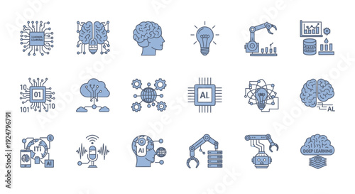 Artificial intelligence and machine learning concept icons in blue tones