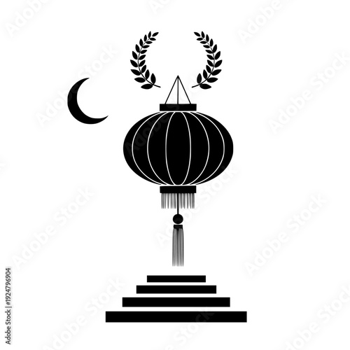Traditional lantern adorned with laurel wreaths beneath a crescent moon