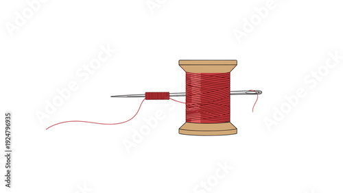 Red thread spool with a sewing needle inserted horizontally on a plain white background for handicraft concepts.