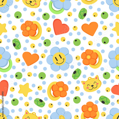 Bright childrens toys for newborns. Rattles and kids rings. Childish seamless pattern. Color beads. Cute bijouterie. Repeated print. Daisy flower face. Hearts and stars. Vector background