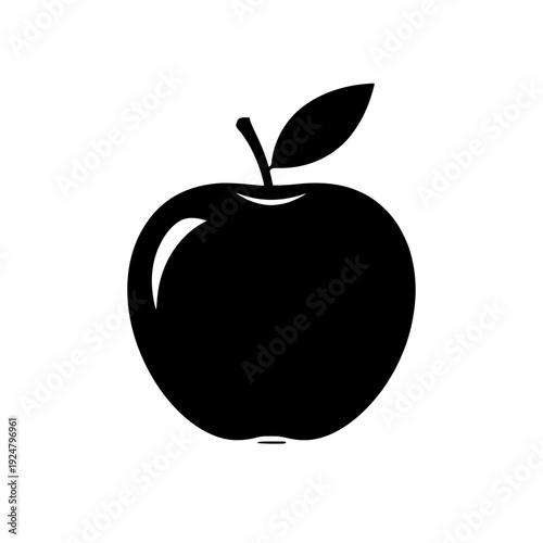 Simple black and white illustration of a stylized apple with a leaf