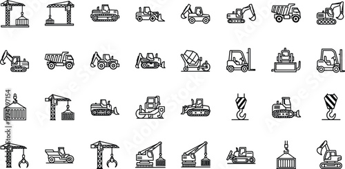 Construction machinery icons set crane excavator bulldozer forklift dump truck vector line illustration isolated on white background collection