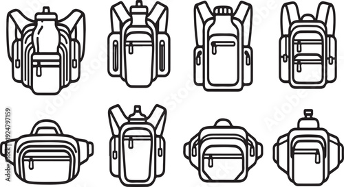 A collection of various backpack designs and styles in a minimalist line art format Vector