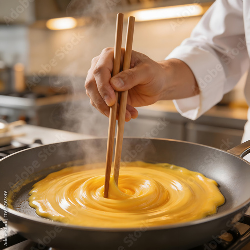 Chef expertly stirring creamy yellow sauce in a pan on a stovetop in a commercial kitchen environment