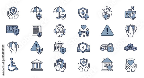 Collection of blue line icons representing insurance and protection concepts