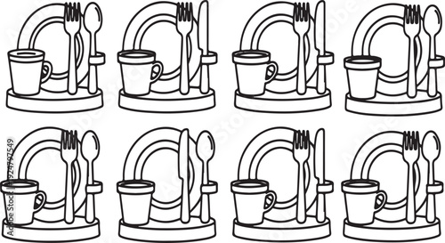 A variety of kitchen appliances and utensils arranged in a grid pattern. Vector