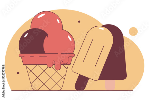 Vector illustration of summer ice cream and popsicle on a warm background