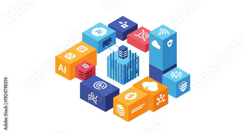 Isometric illustration depicting interconnected blocks representing data and technology