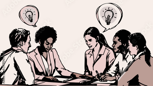 Diverse group of business professionals brainstorming ideas with lightbulb moments in a meeting