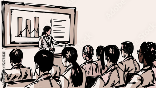 Businesswoman presenting data on a graph to a group of office workers in a conference room with a projector screen