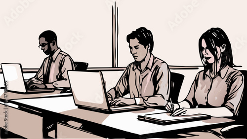 Three coworkers working on laptops in an office setting with a woman taking notes in a black and white sketch style flat vector illustration