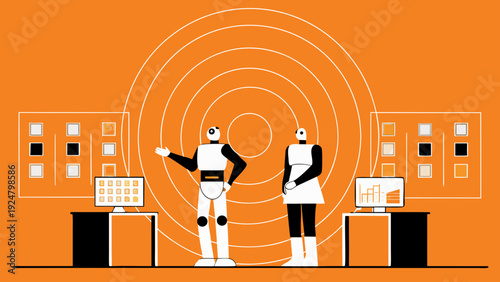 Two robotic characters brainstorm in a futuristic workspace with computers and technical diagrams on orange background
