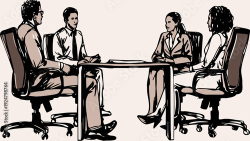 Business professionals in a meeting around a table discussing ideas in a monochrome office setting with a minimalist flat vector style