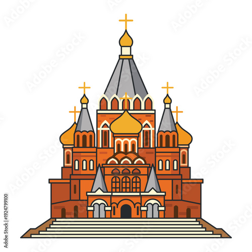 Bilde på lerret Orthodox cathedral with multiple domes and crosses, ornate red brick facade