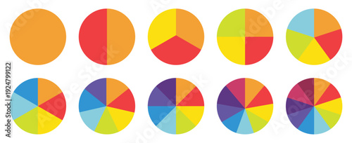 Circle Pie chart diagram set. Circle section graph. 1-10 segment infographic. Colorful diagram collection with  sections or steps. Vector illustration.
