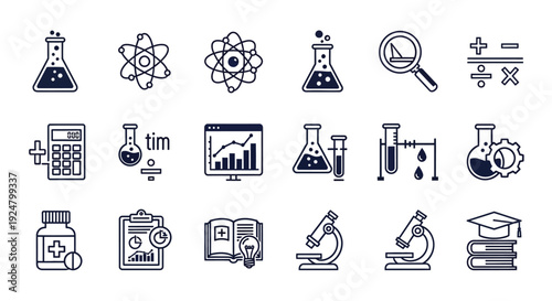 Collection of science and technology related icons in blue line art