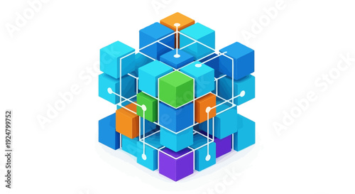 Abstract isometric cube constructed from colorful interconnected blocks