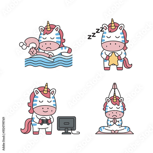 Cute cartoon unicorn in different relaxing situations with copy space