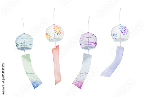 Canvas-taulu 風鈴 Watercolor Japanese wind chimes set, glass bells with traditional patterns, s