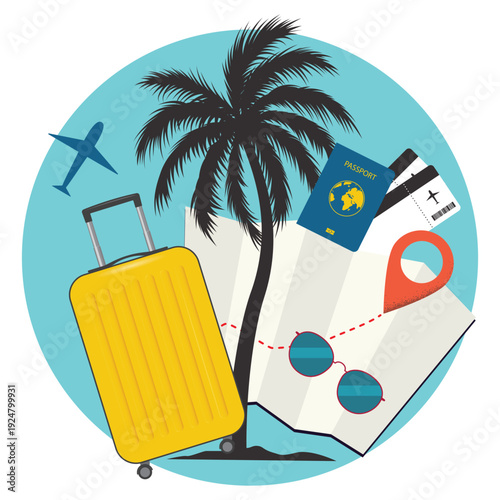 Travel and vacation concept - suitcase, palm tree silhouette, airplane, air tickets, passport, map with destination marker, sunglasses. Vector illustration isolated on a white background