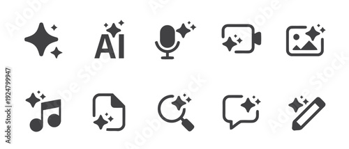 Collection of simple black icons representing various digital media and editing tools on a clean white background viewed from directly above