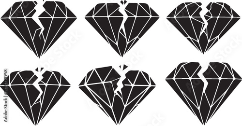 Broken heart diamond cracks shattered love symbol icons set