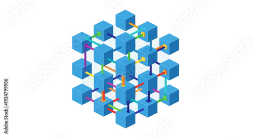 Abstract isometric arrangement of interconnected blue cubes with colorful lines