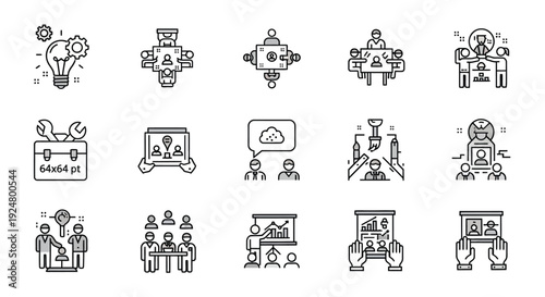 Line art icons depicting business meetings teamwork and idea generation