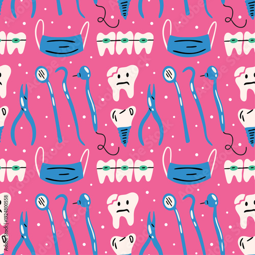 Dental themed vector seamless pattern with cute funky cartoon illustration of dentist tools, teeth with braces, medical background, kids dentistry, children's dental care clinic