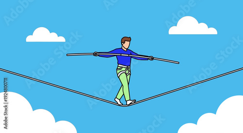 Man balancing on a tightrope against a cloudy sky background