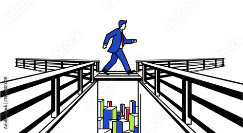 Executive making a pivotal decision on a branching bridge, symbolizing strategic choices for future direction