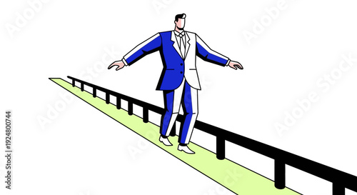 A businessman balancing precariously on a narrow railing